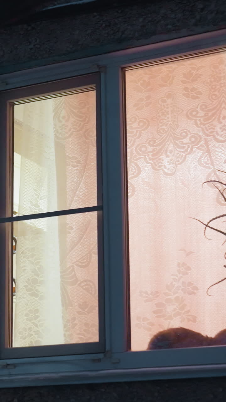 창문에서 빛이 아오르며 따뜻한 빛을 발하는 주거 건물, 전면에 나무 가지가 보이고, 창문 커튼은 실내 빛에 의해 부드럽게 조명됩니다.