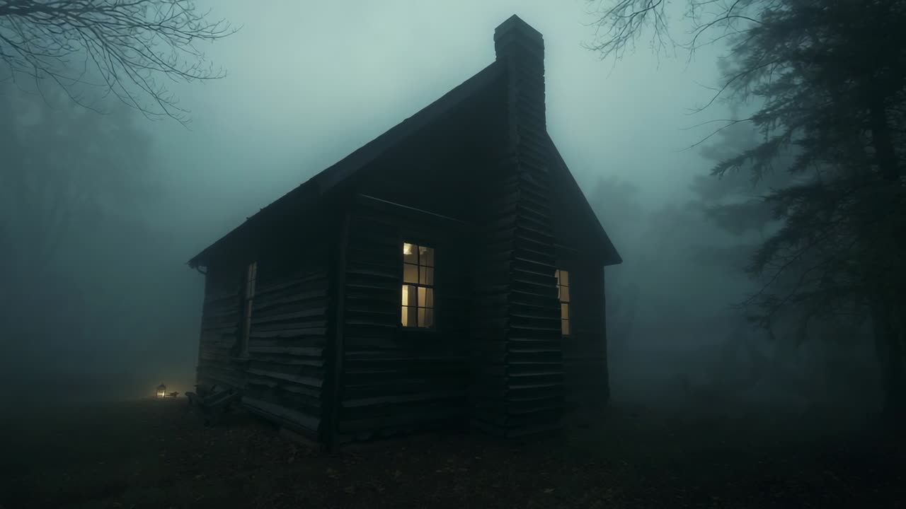 Swirling mist drifting near log cabin in forest at night, with flickering lantern, lit windows