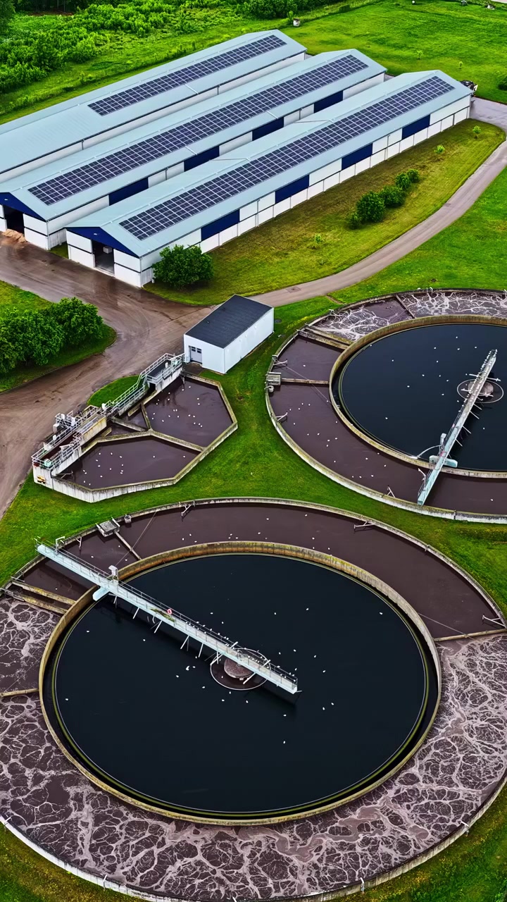 Aerial top overview of circular wastewater treatment clarifiers at processing plant, drone backdrop, vertical orbit