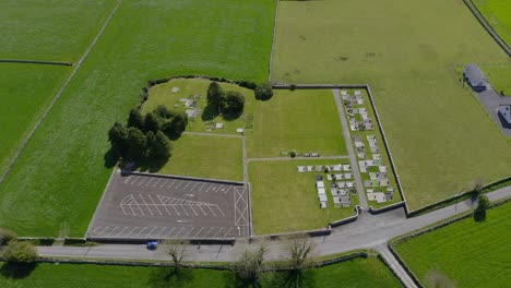 panoramic aerial establishing overview of historic cargin church and cemetery