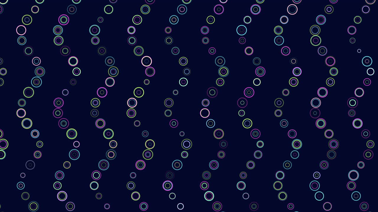Filmato astratto senza soluzione di continuità di cerchi al neon luminosi disposti in linee ondulate fluide su uno sfondo scuro, ideale come sfondo grafico in movimento moderno per video musicali, eventi o presentazioni digitali.