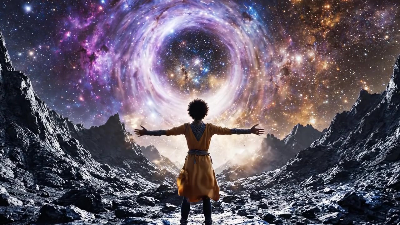 A Cosmic Journey: A Figure Gazes into the Infinite Universe, Surrounded by Celestial Wonders and Mystical Galaxies, Embracing the Unknown with Open Arms