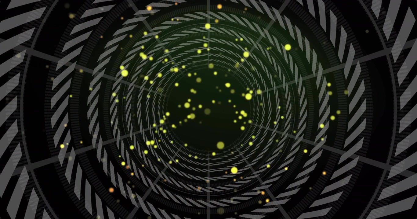 Playback starting, spiral tunnel rotating in tech, particles spiraling in revealing dark green core