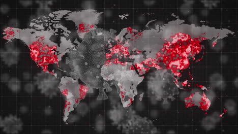 animation of covid 19 cell over world map and data processing