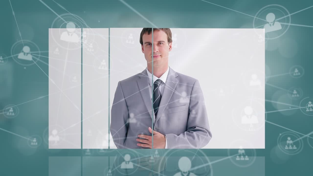 Animazione di connessioni con icone su diversi professionisti su schermi in uno spazio verde