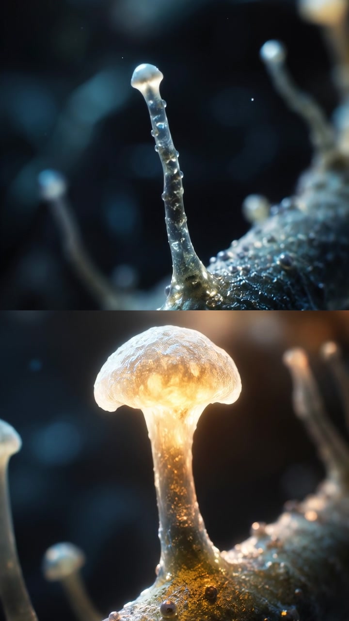 Dittico in primissimo piano che mostra uno stelo traslucido che emerge da un substrato granulare, poi che si dispiega in un bulbo luminoso a forma di fungo con protuberanze simili a perle, luce fredda e calda, contrasto vivido.