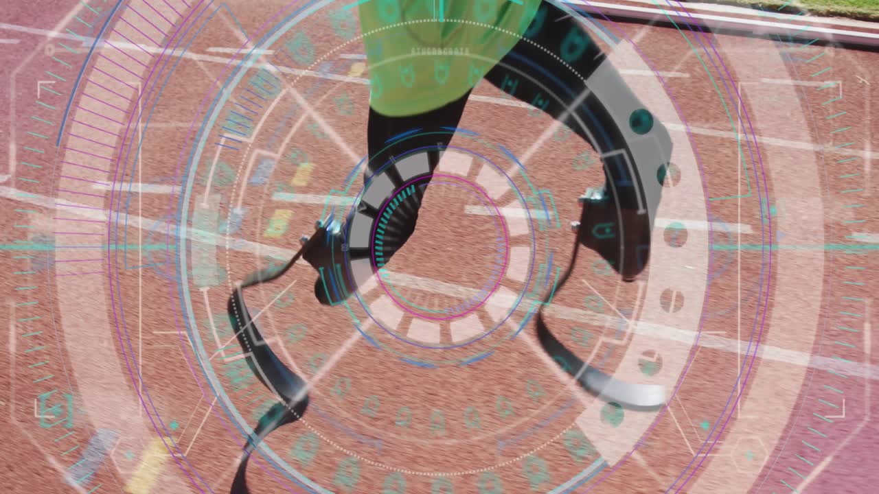 러닝 트랙에서 러닝 블레이드를 가진 장애인 남성 운동 선수에 대한 디지털 데이터 처리 애니메이션