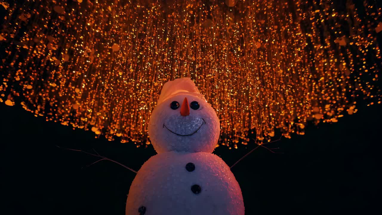 Cycling LED canopy bathing decorative snowman in dark gallery, shifting warm and cool glow