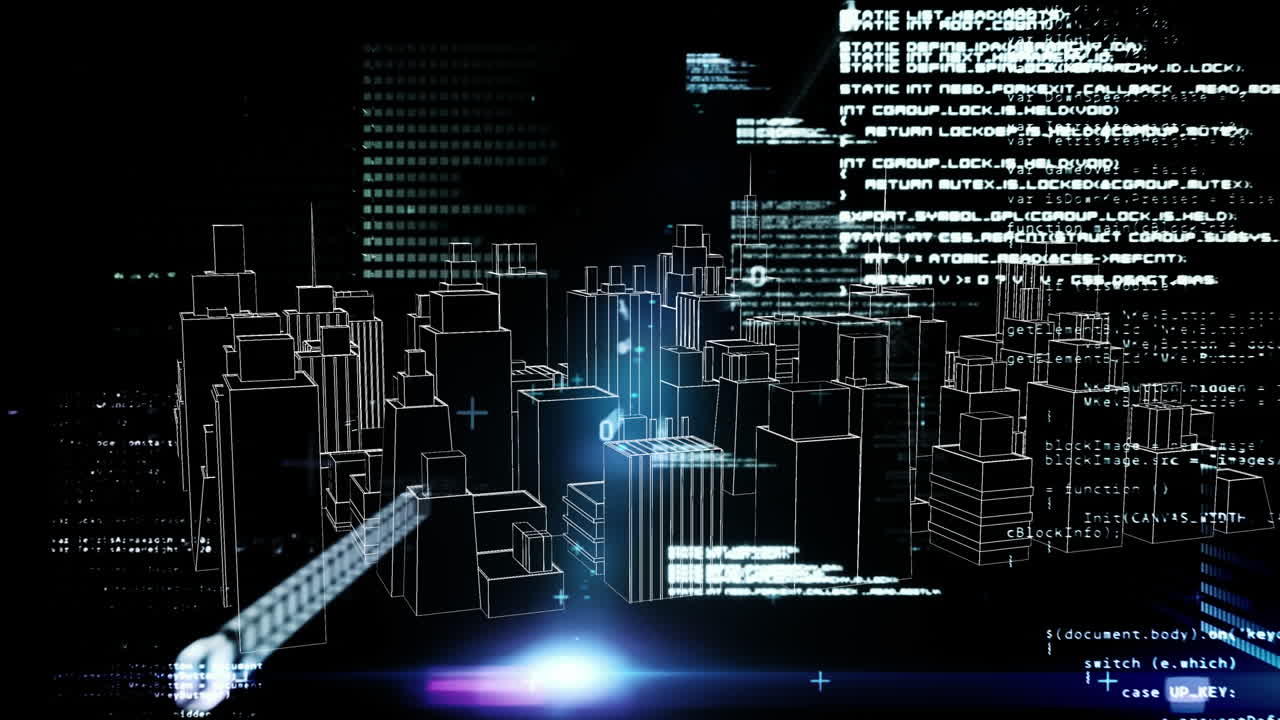 Animation of data processing over 3d drawing of city on black background