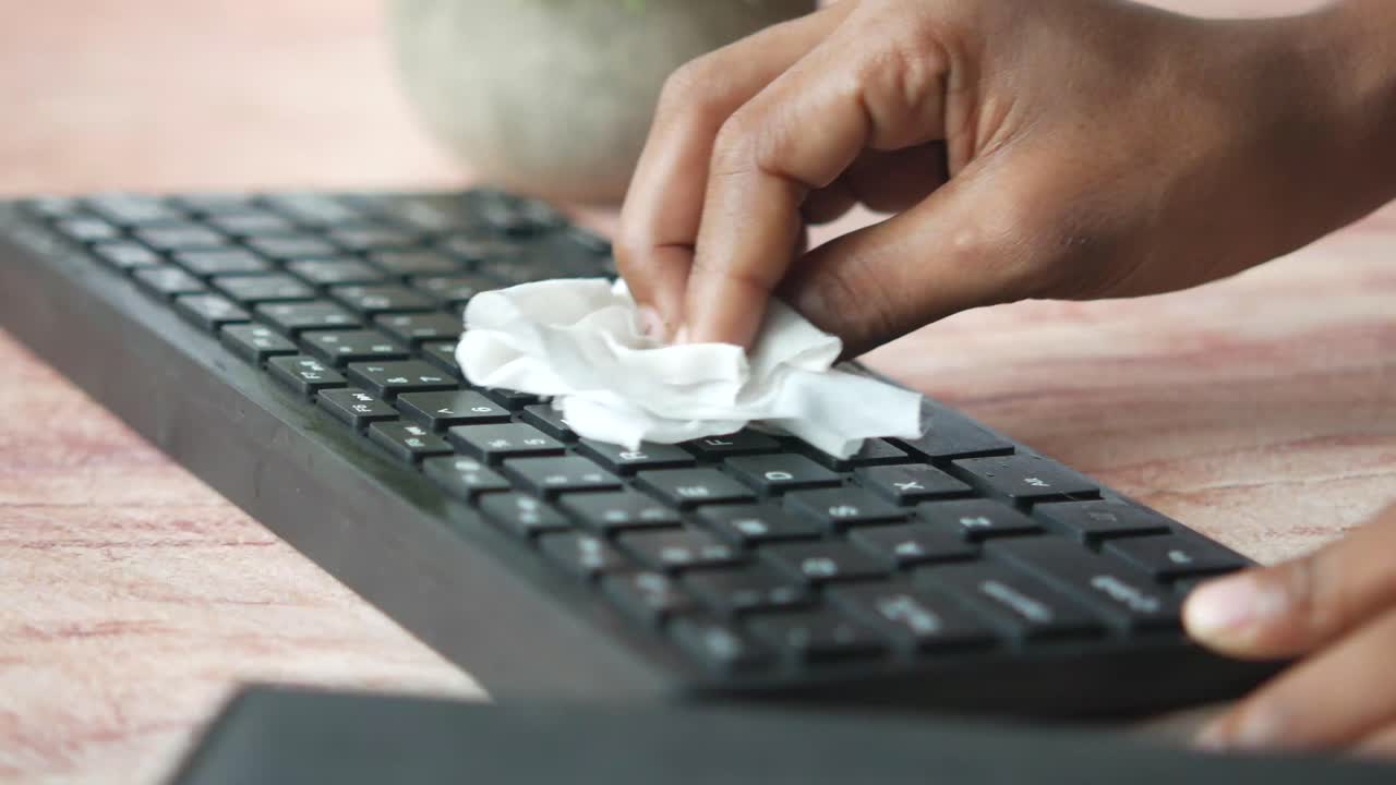limpiando un teclado con un pañuelo