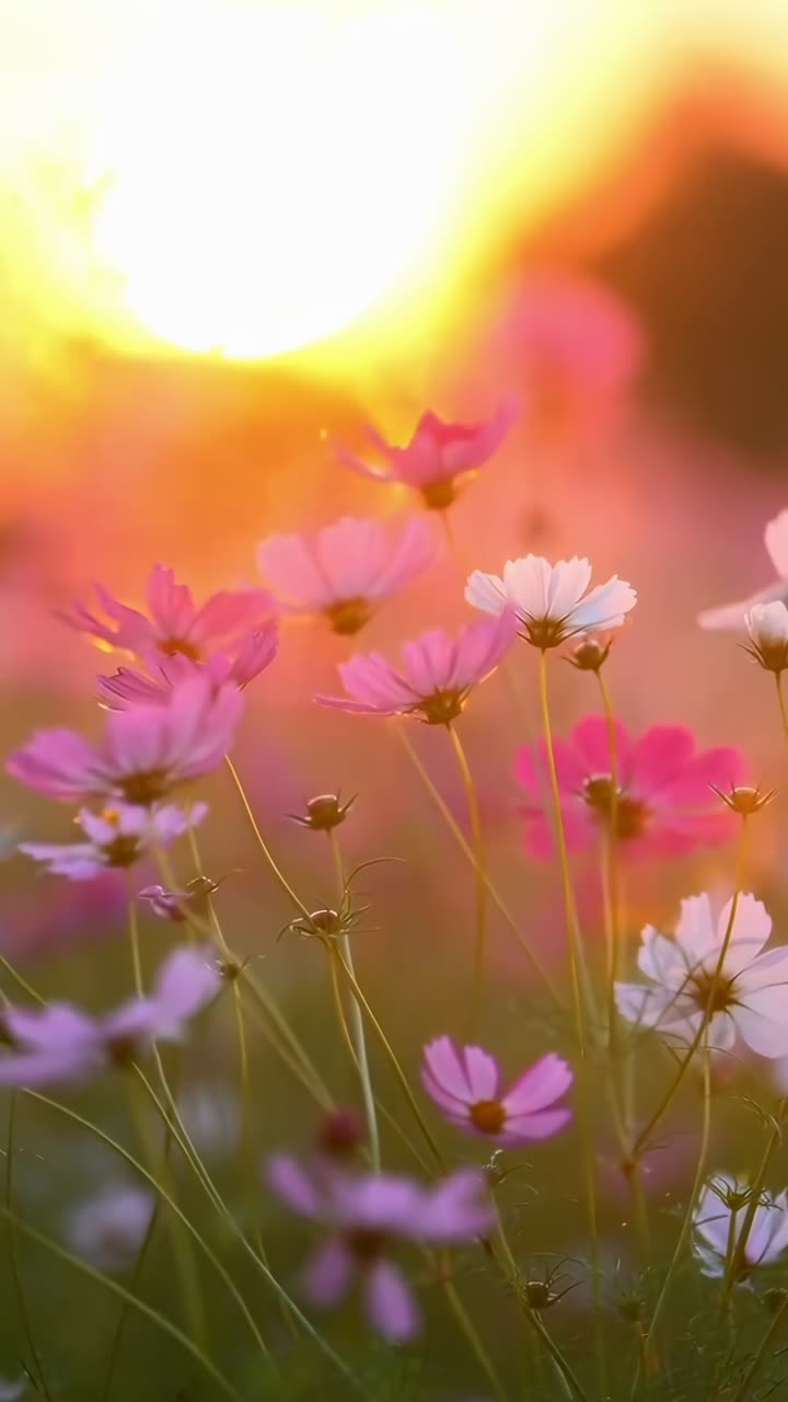 Video ravvicinato di fiori di campo al tramonto, che cattura colori vivaci e un'atmosfera serena, Live