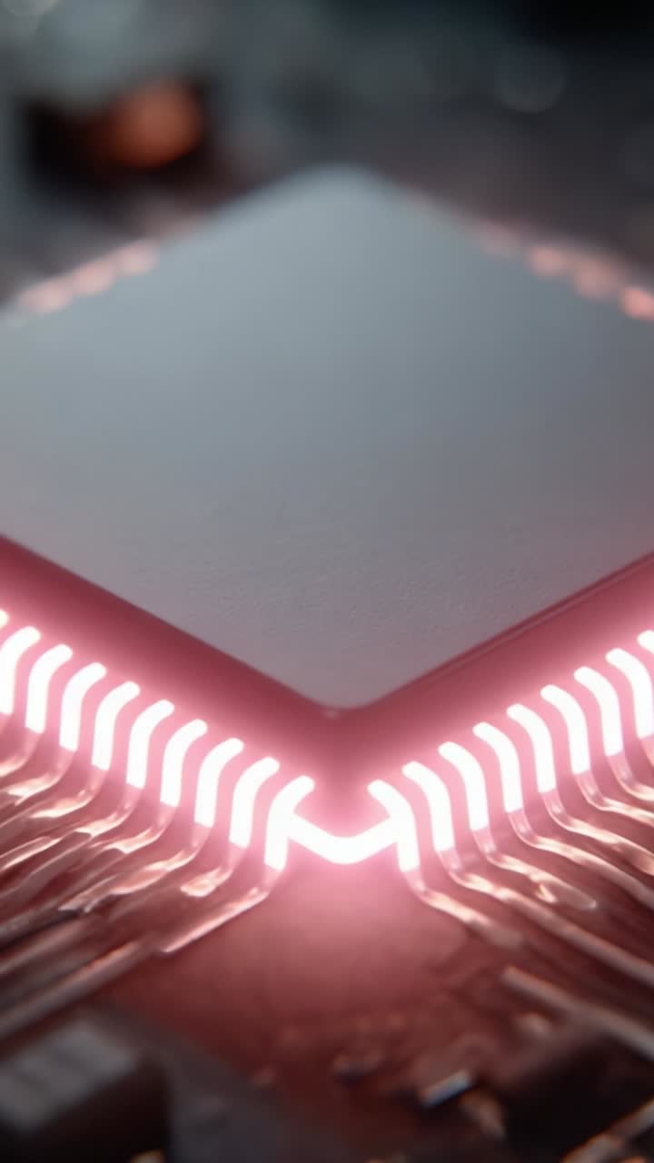 Vista ravvicinata di un microprocessore lucido su un circuito stampato con connessioni illuminate, che mostra la tecnologia avanzata e l'elettronica moderna in azione