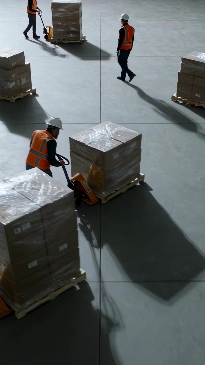 Vertical video: Moving worker with hard hat and vest pushing pallet jack in warehouse staging loads