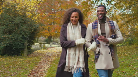 joven pareja romántica caminando por la pista en el campo de otoño