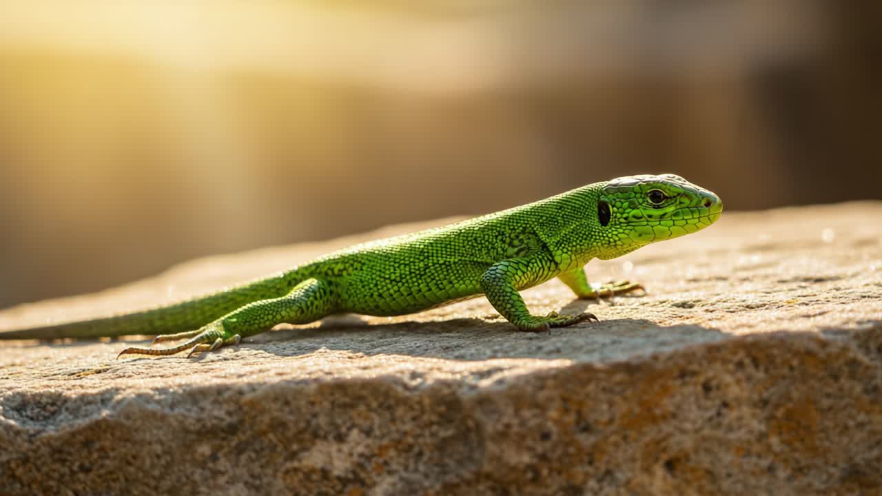 A Fascinating Green Lizard Slowly Crawls Across a Sunlit Rock, Showcasing Its Vibrant Scales and Unique Textures in the Golden Glow of Nature