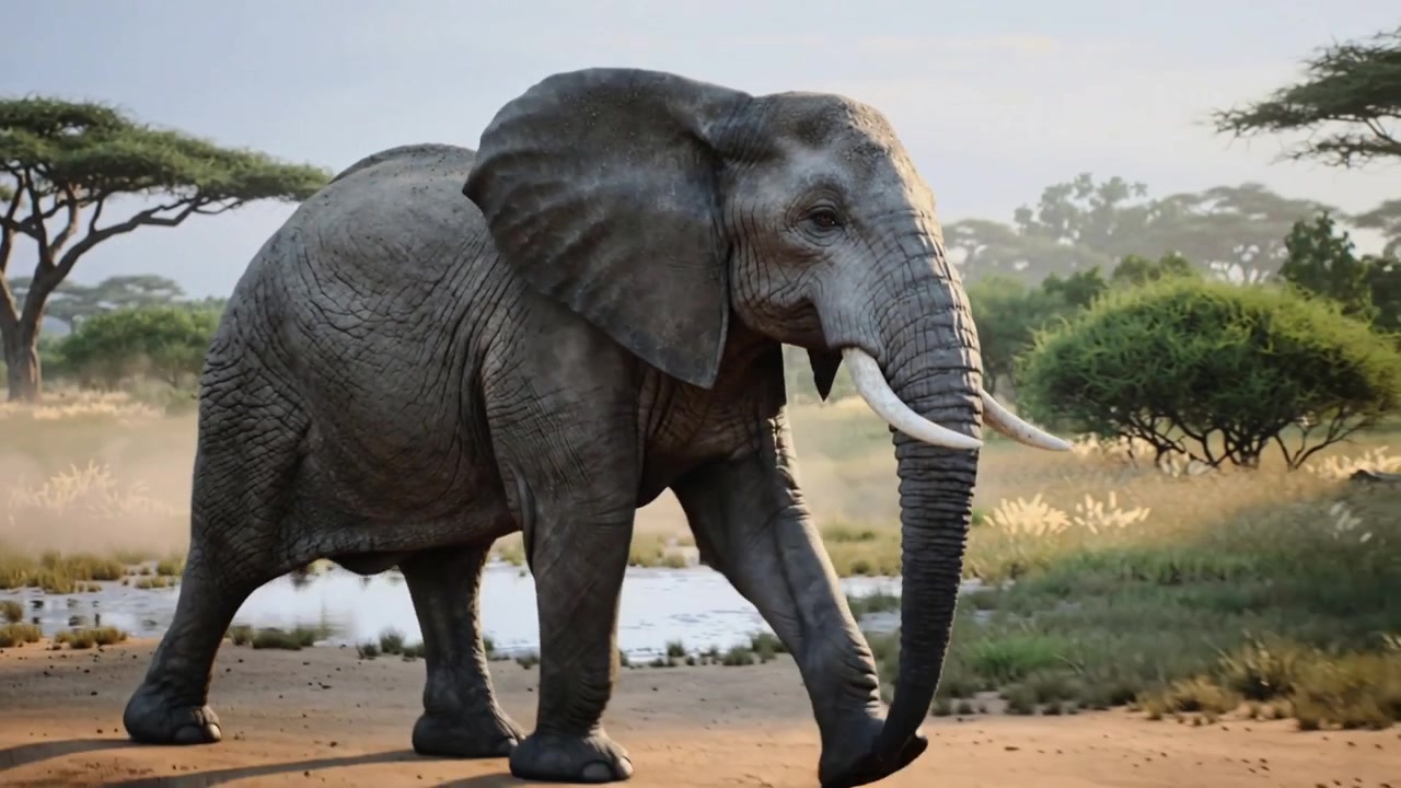 Kamera trækker sig tilbage, afslører voksen elefant, der går fra vandhul til fastere grund, mens støv stiger op