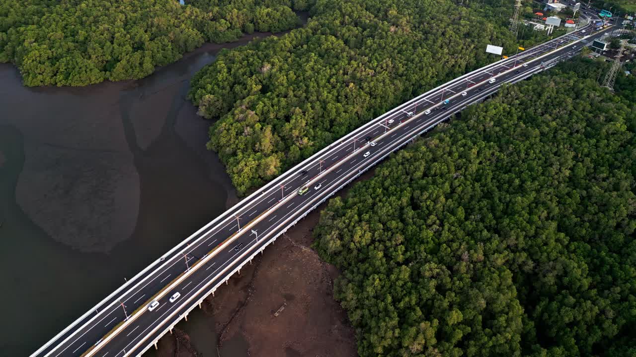 The Bali Mandara Toll road bridge rises over green mangrove forest and low tide mud areas as drone footage shows tropical contrast of wetland nature and human built coastal highway