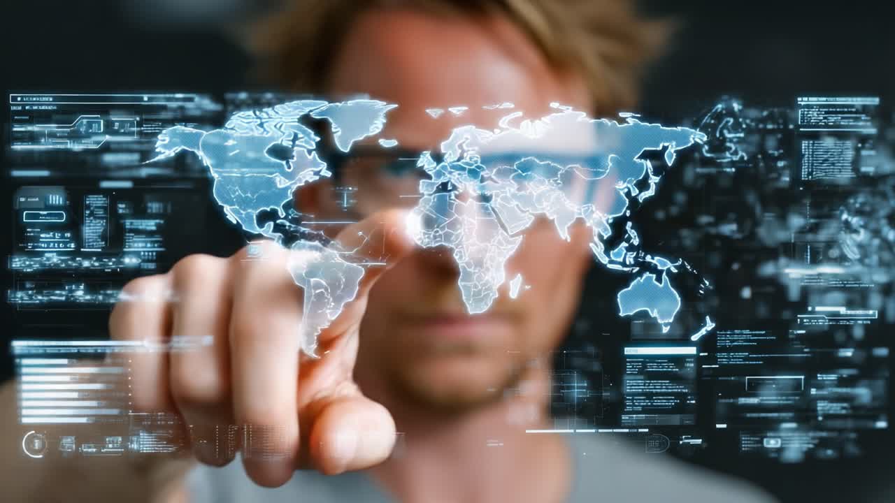 A Focused Individual Interacting with Advanced Digital Interfaces, Exploring Global Data Through Touchscreen Technology and Augmented Reality Visualizations