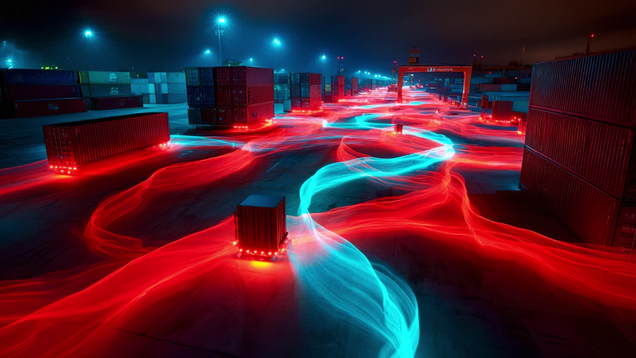 A Stunning Display of Colorful Light Trails in a Container Yard at Night, Showcasing the Vibrant Movement of Energy Through Industrial Landscapes with Brilliant Red and Blue Illuminations