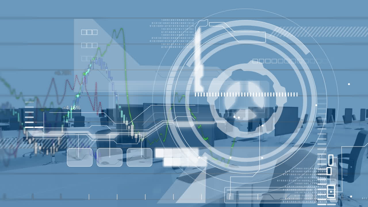 빈 사무실에서 스 ⁇  스캐닝과 데이터 처리의 애니메이션