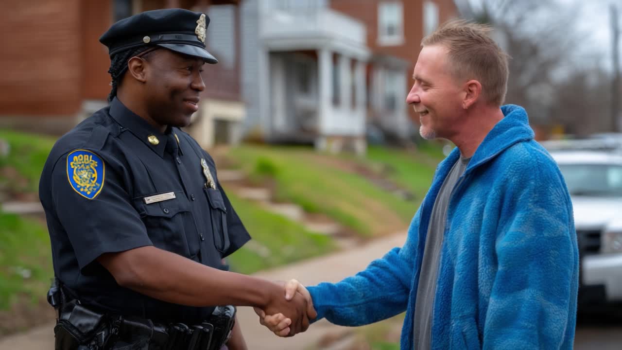 A Heartwarming Interaction Between a Police Officer and a Community Member, Highlighting Trust, Cooperation, and Positive Relationships in Neighborhoods, Symbolizing Hope and Unity in Society