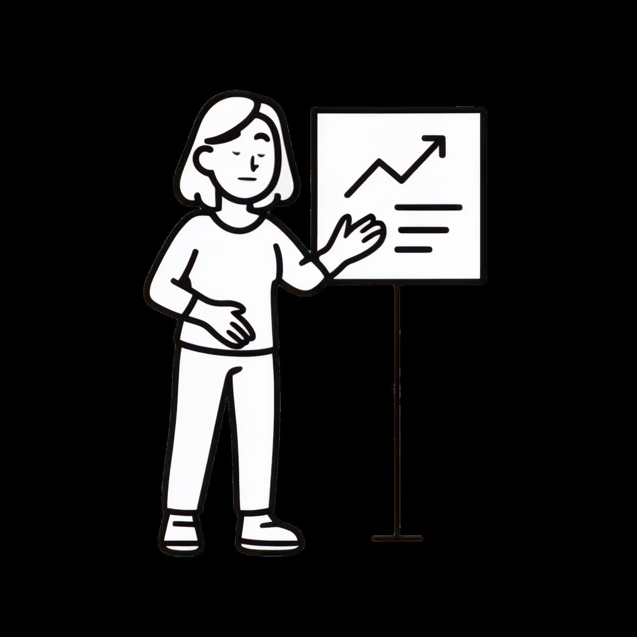 Cartoon woman presenting growth chart animation isolated asset, transparent 4K video, alpha channel