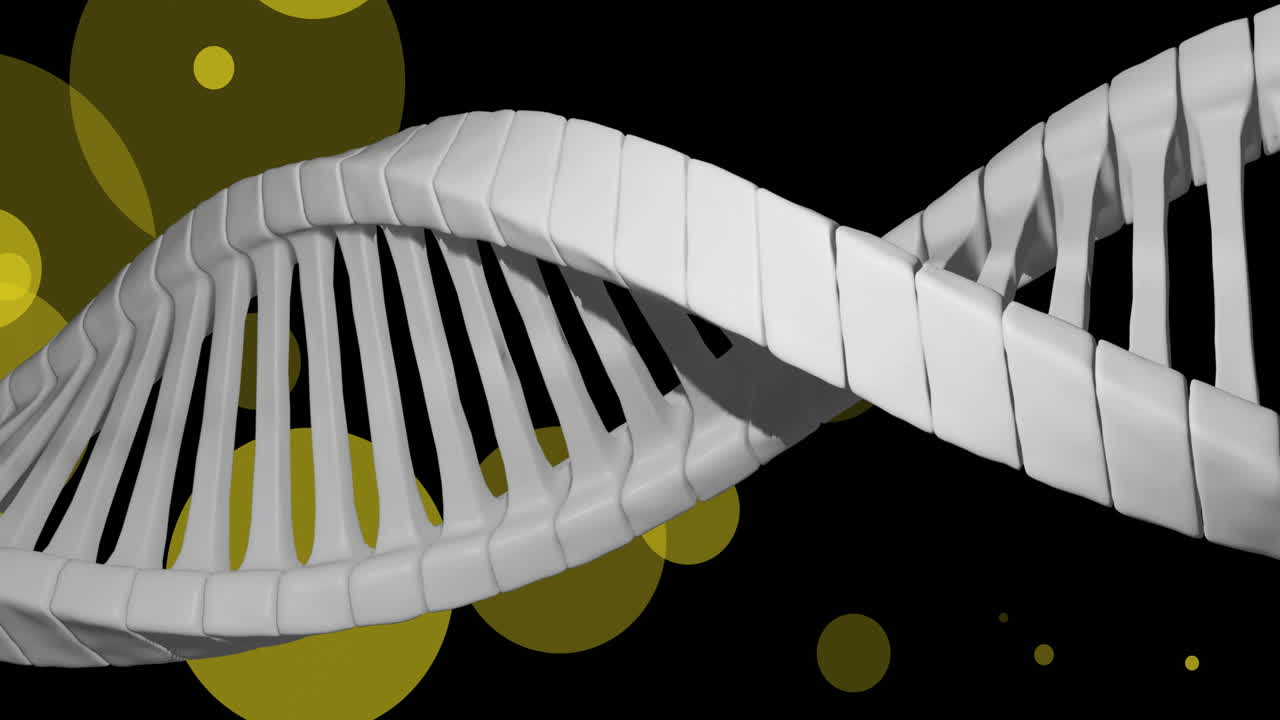 어두운 배경에 반이는 반점 위에 회전하는 dna 가닥의 애니메이션