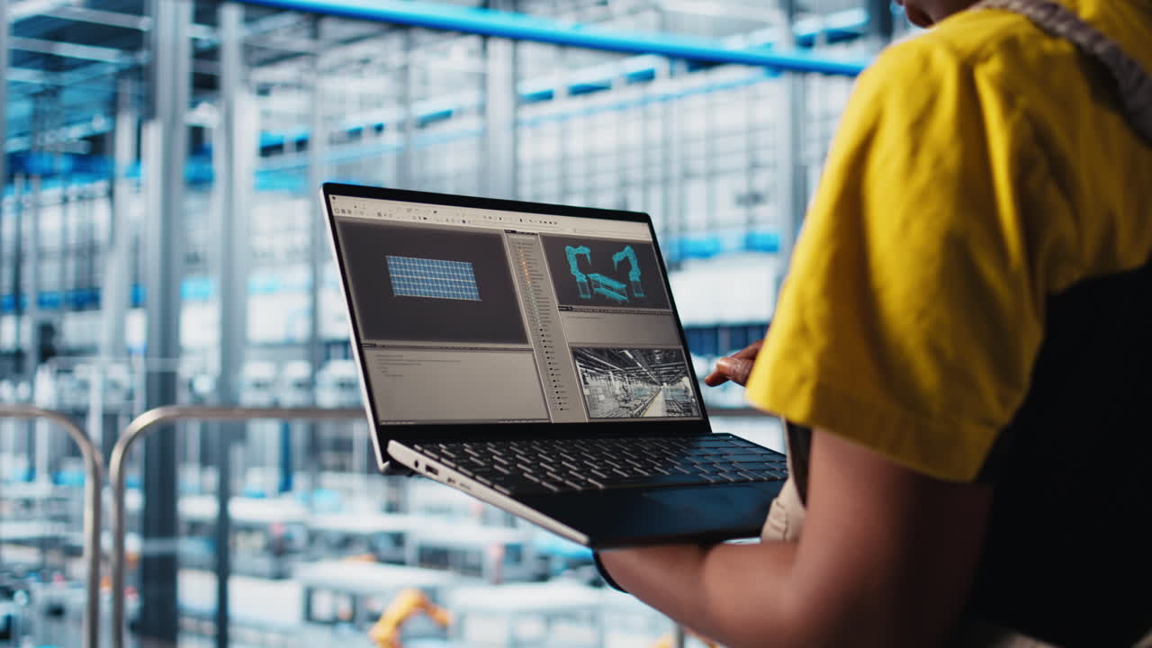 paneles solares de la industria 4.0 trabajador de la planta rastreando la producción de energía usando una computadora portátil