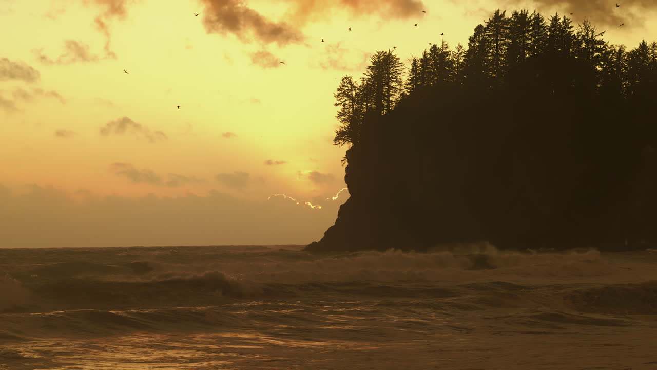 Seagulls Flying Over The Ocean With Waves At Sunset. - wide shot