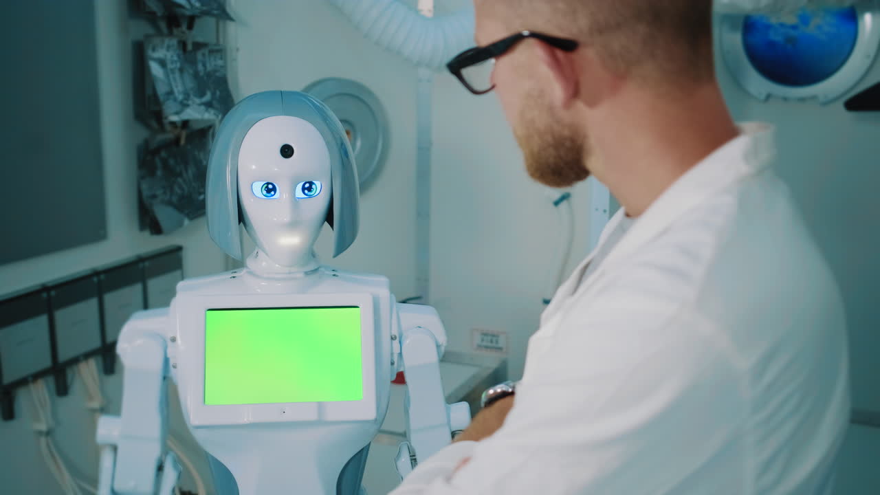 científico interactuando con un robot en un entorno de laboratorio