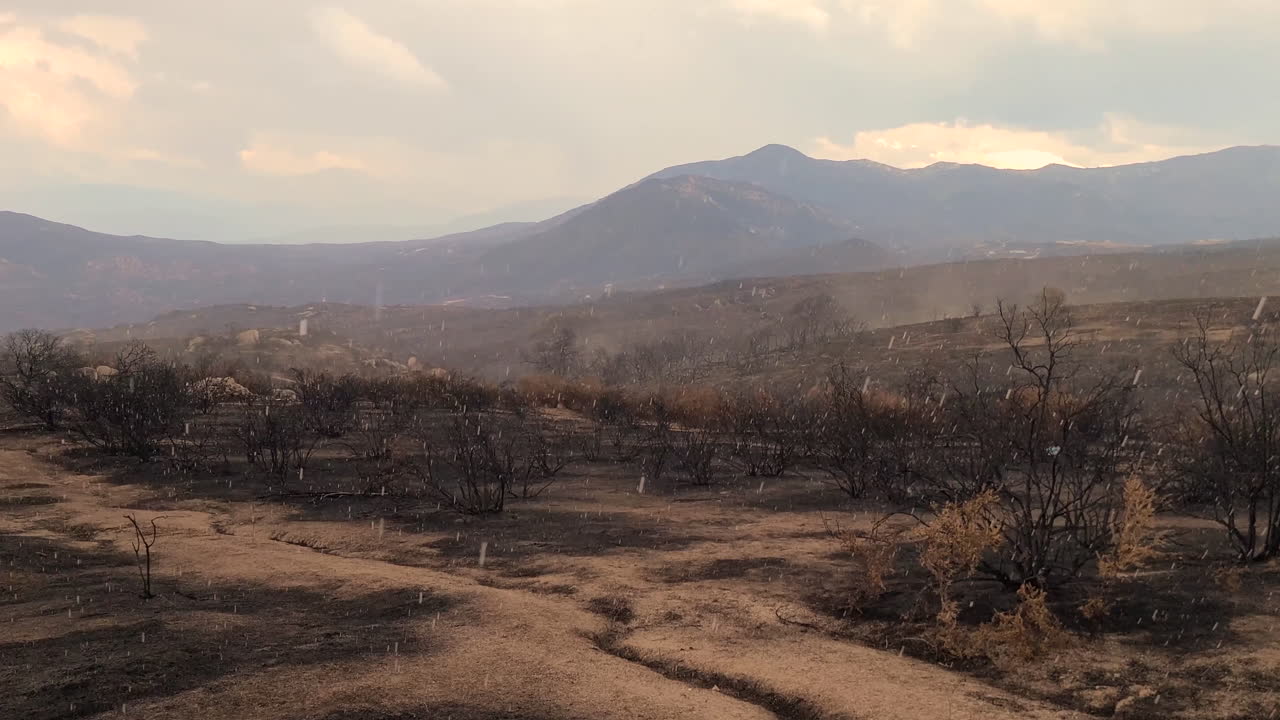 imágenes deslizantes de gotas de lluvia que caen después del infierno de fuego en una desolada zona montañosa quemada