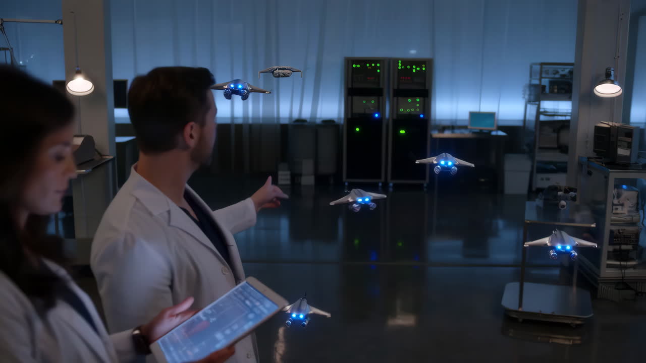 Scientists operating drones in a high-tech laboratory