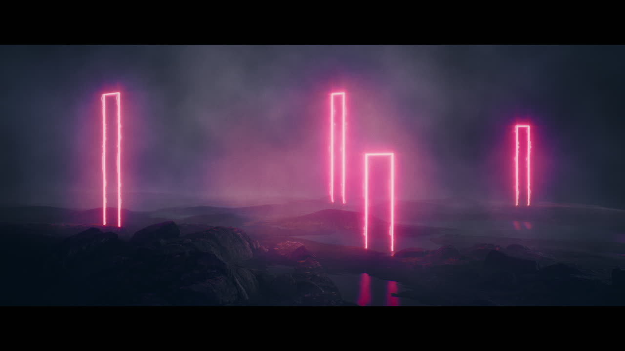 Rocky landscape with huge pink light portal structures