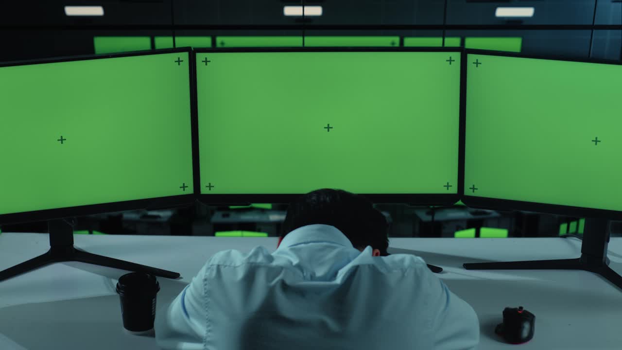 지친 아시아인 남자가 사무실에서 여러 컴퓨터 모니터를 모의로 작업하면서 잠을 자고 있는 모습