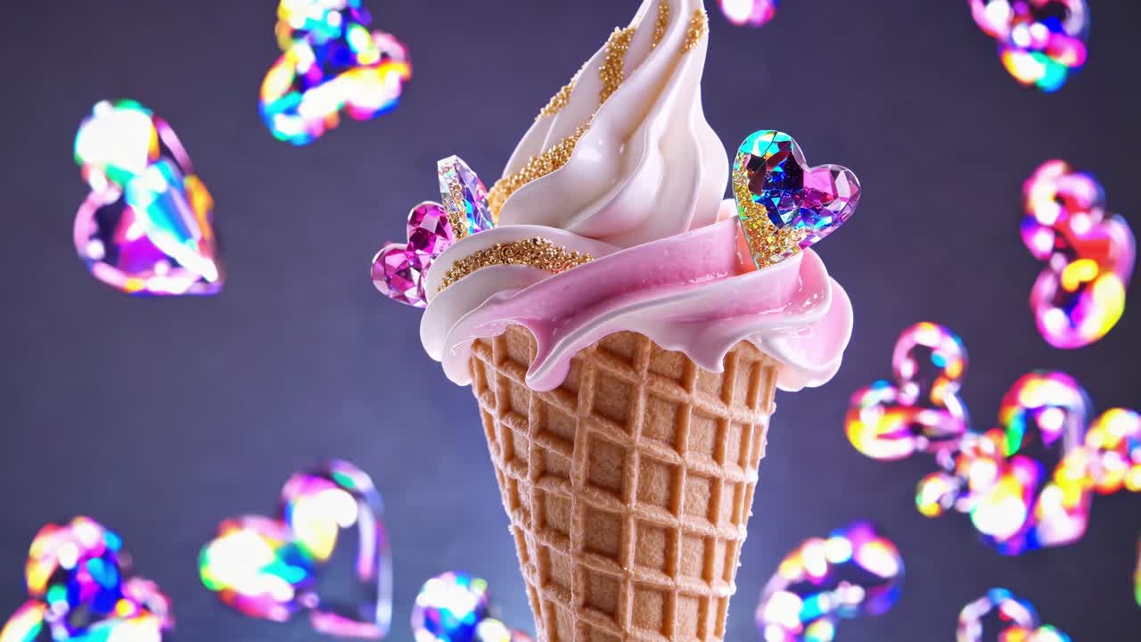 delicioso cono de helado con crema rosada, decorado con salpicaduras de oro y corazones de cristal, presentado en un fondo mágico con formas de corazón iridescentes flotantes