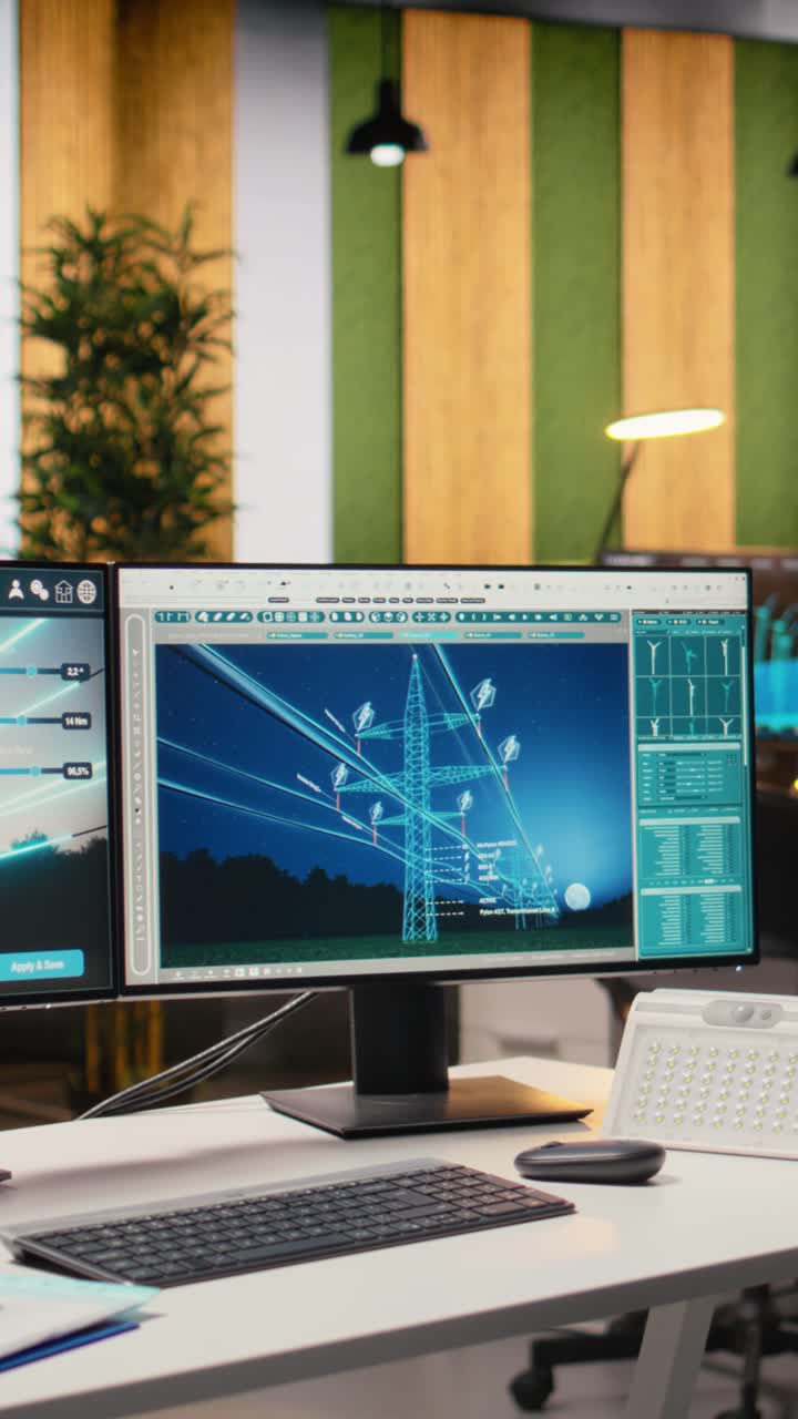 Power line tower CAD design displayed on dual monitors in engineering office