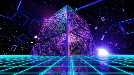 pirámide cyberpunk en una cuadrícula de neón