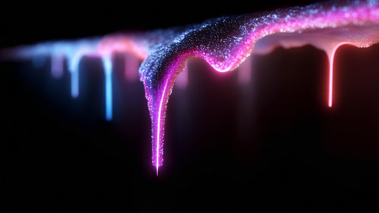 Mesmerizing Fluid Dynamics: An Artistic Display of Colorful Liquid Drips Melting Down a Surface, Captured in a Stunning Contrast of Blue and Pink Glow, Enhanced by Textured Details