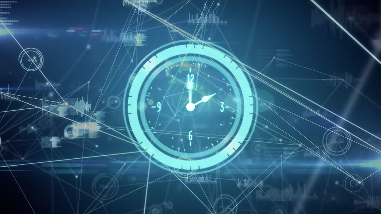 Animazione di orologio al neon ticchettante, elaborazione dati e rete di connessioni su sfondo blu