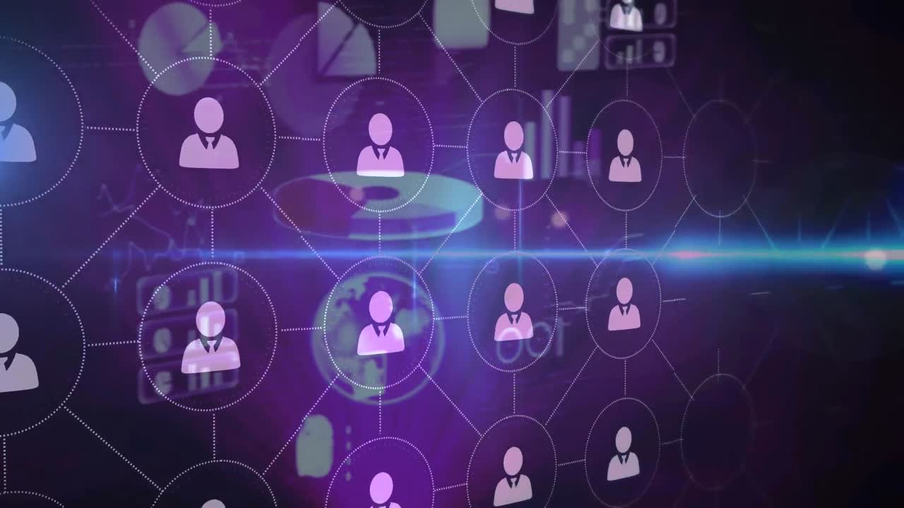 Animation of scope scanning and network of people icons over statistics recording