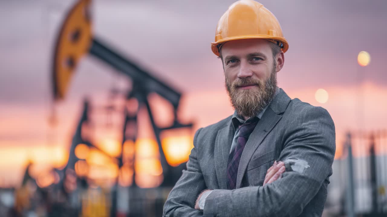 A Confident Engineer Overseeing Operations at an Oil Extraction Site During a Stunning Sunset, Highlighting His Expertise and Industrial Environment