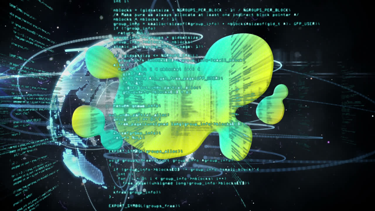 Animation of green and yellow stain over globe and data processing on black background