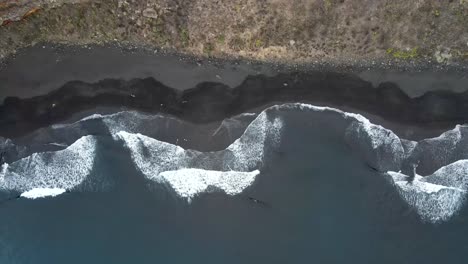 bird's eye view of atlantic ocean waves washing volcanic black sandy beach coastline in the canary islands, spain