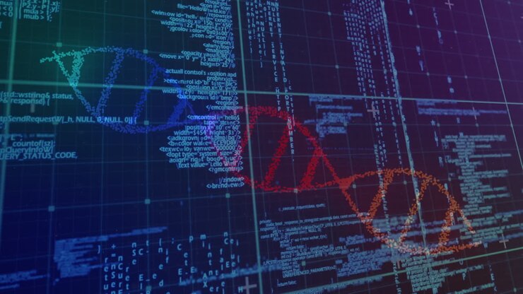 Animation of digital screen with biological data on navy background