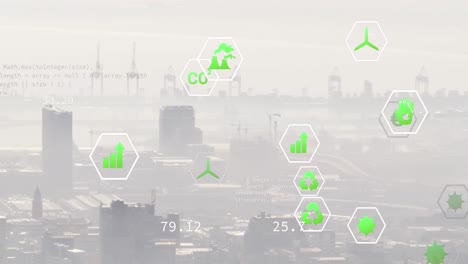 multiple green energy icons floating against aerial view of cityscape