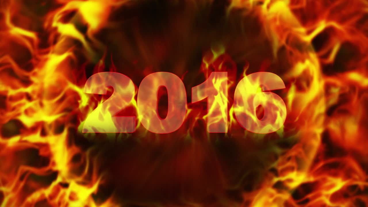2016, año nuevo en anillo de fuego y llamas, bucle, 4k