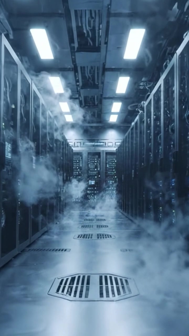 A High-Tech Data Center Corridor with Cool Smoke Effect, Showcasing Sleek Server Racks and Modern Lighting in a Futuristic Environment
