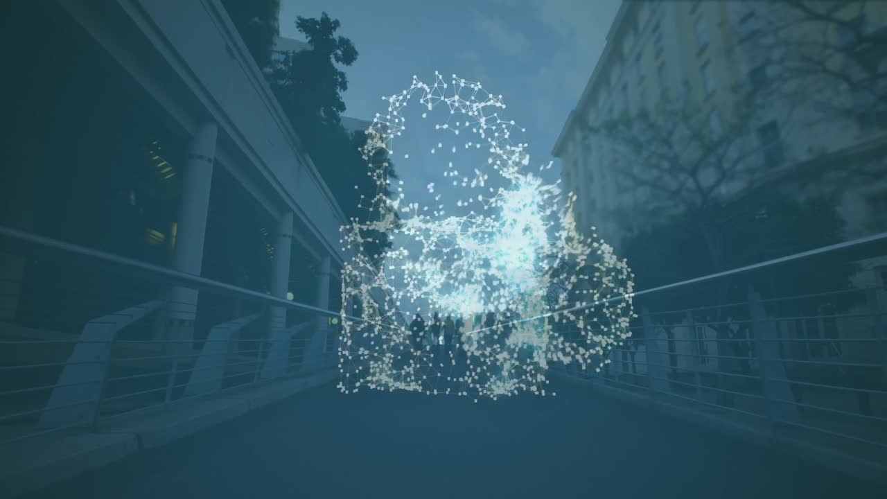 도시 다리에 대항하여 클라우드와 보안 잠금 아이콘을 형성하는 연결 네트워크의 애니메이션