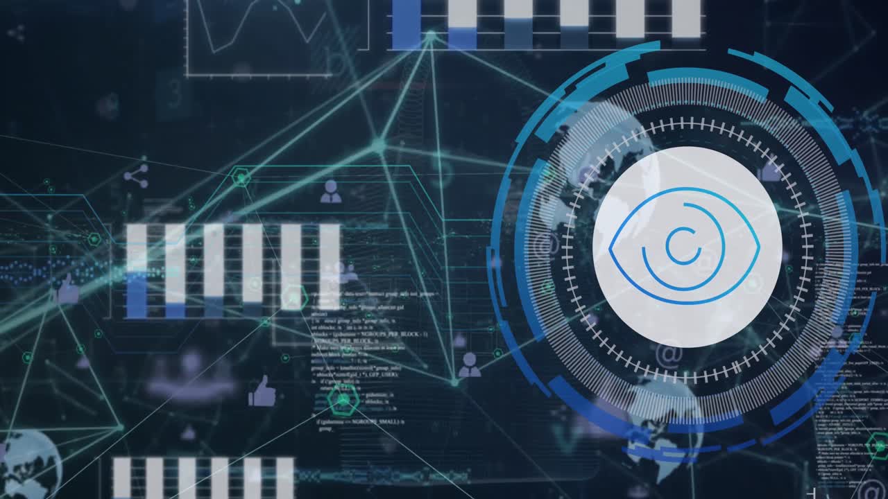 Animation of network of connections, scope scanning, eye icon, data processing on black background