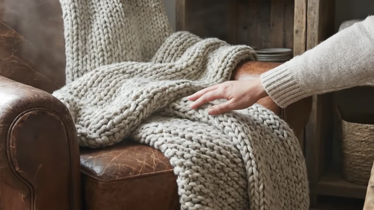 Mano che tocca una morbida coperta in maglia su una poltrona in pelle